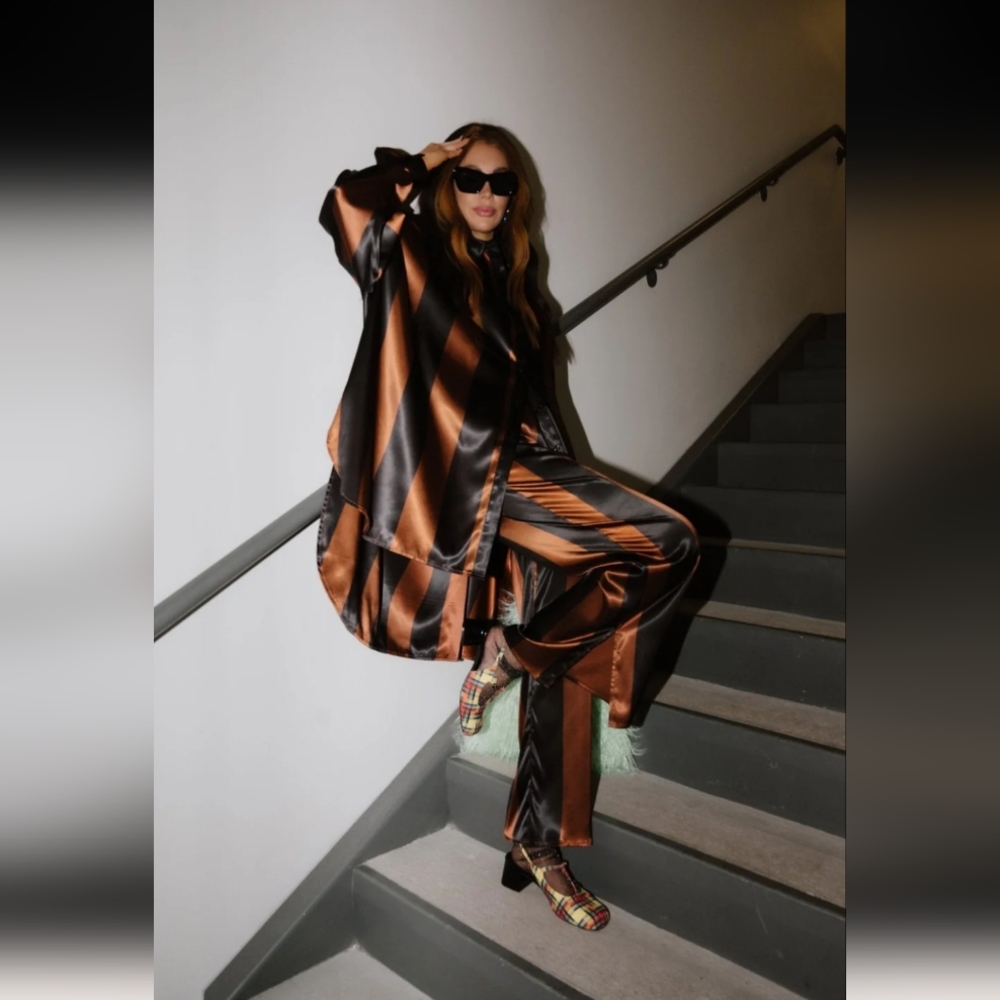 Dressed in LALA Satin Black and Copper Jumpsuit